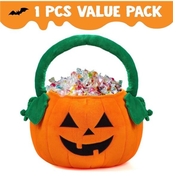 Halloween pumpkin plush tote bucket measuring 11 x 13.4 inches, designed - Picture 3 of 8